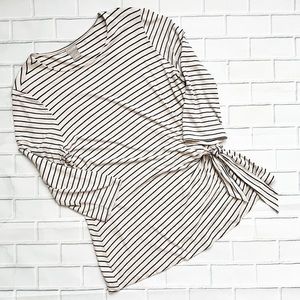 Chico’s Cream and Navy Striped Half Sleeve Side Tie Top